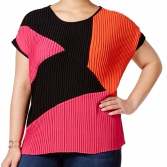 NY Collection Pleated Top 1X Color Block Cap Sleeve Career Plus Tunic Blouse New - Picture 1 of 8